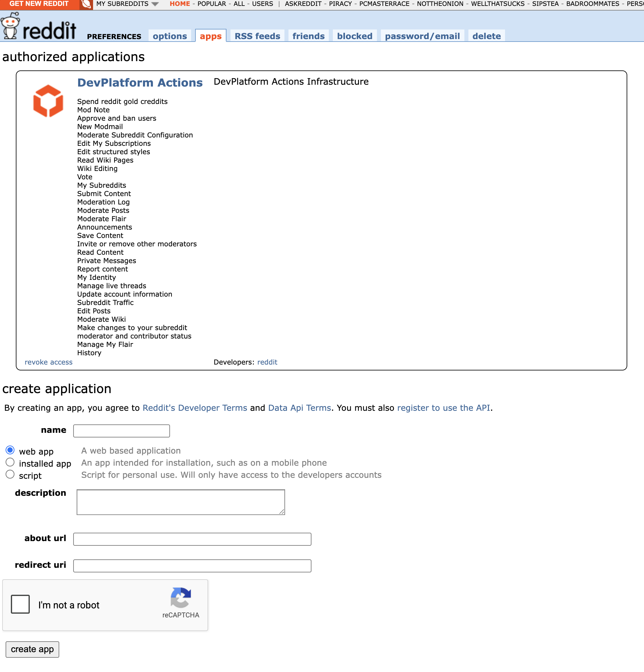 Reddit's app preferences page at reddit.com/prefs/apps, showing an authorized app's permissions above and the create-application form below with the web app, installed app, and script options