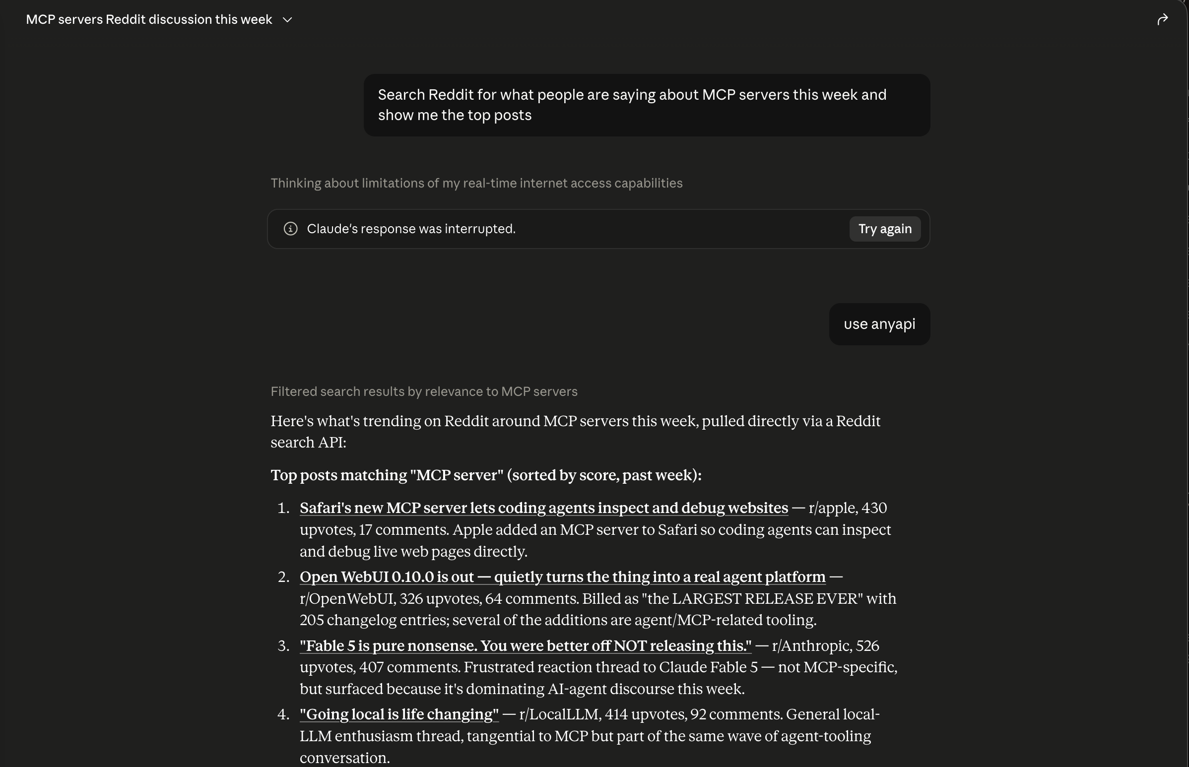 Claude Desktop asked to search Reddit for MCP server discussion: on its own the response is interrupted, then with the anyapi MCP server it returns the week's top posts.
