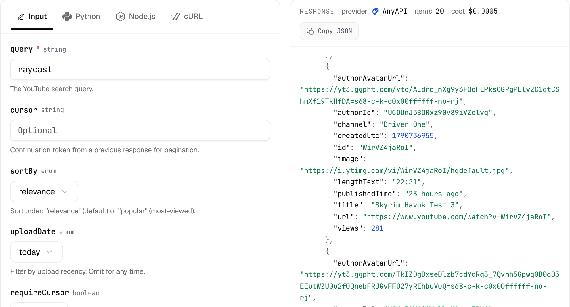 The AnyAPI playground running YouTube Search with query raycast and uploadDate today. The response header reads provider AnyAPI, items 20, cost $0.0005, and the video in view is titled Skyrim Havok Test 3 from the channel Driver One, published 23 hours ago, with 281 views