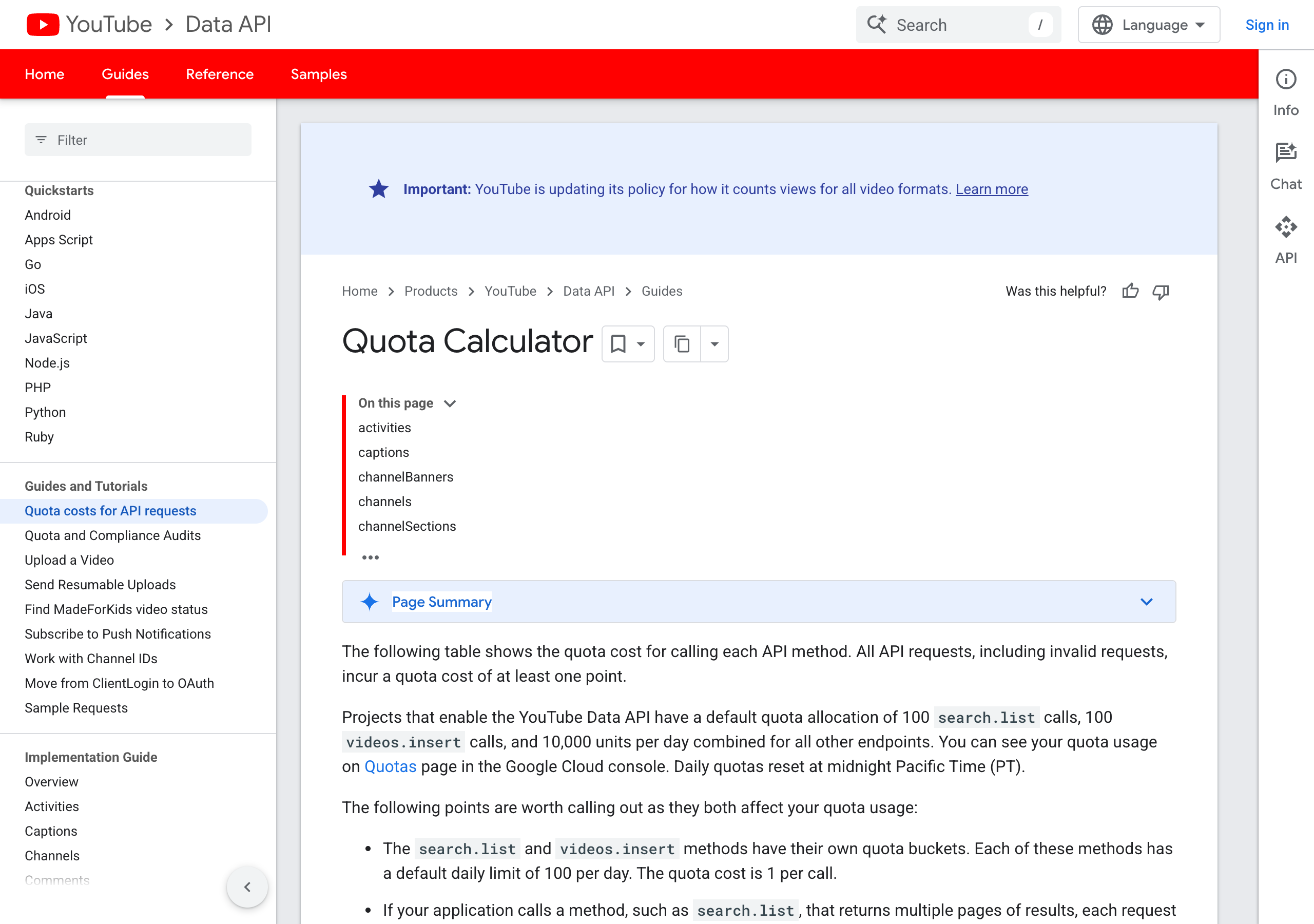 The YouTube Data API quota costs page: projects that enable the YouTube Data API have a default quota allocation of 100 search.list calls, 100 videos.insert calls, and 10,000 units per day combined for all other endpoints; daily quotas reset at midnight Pacific Time