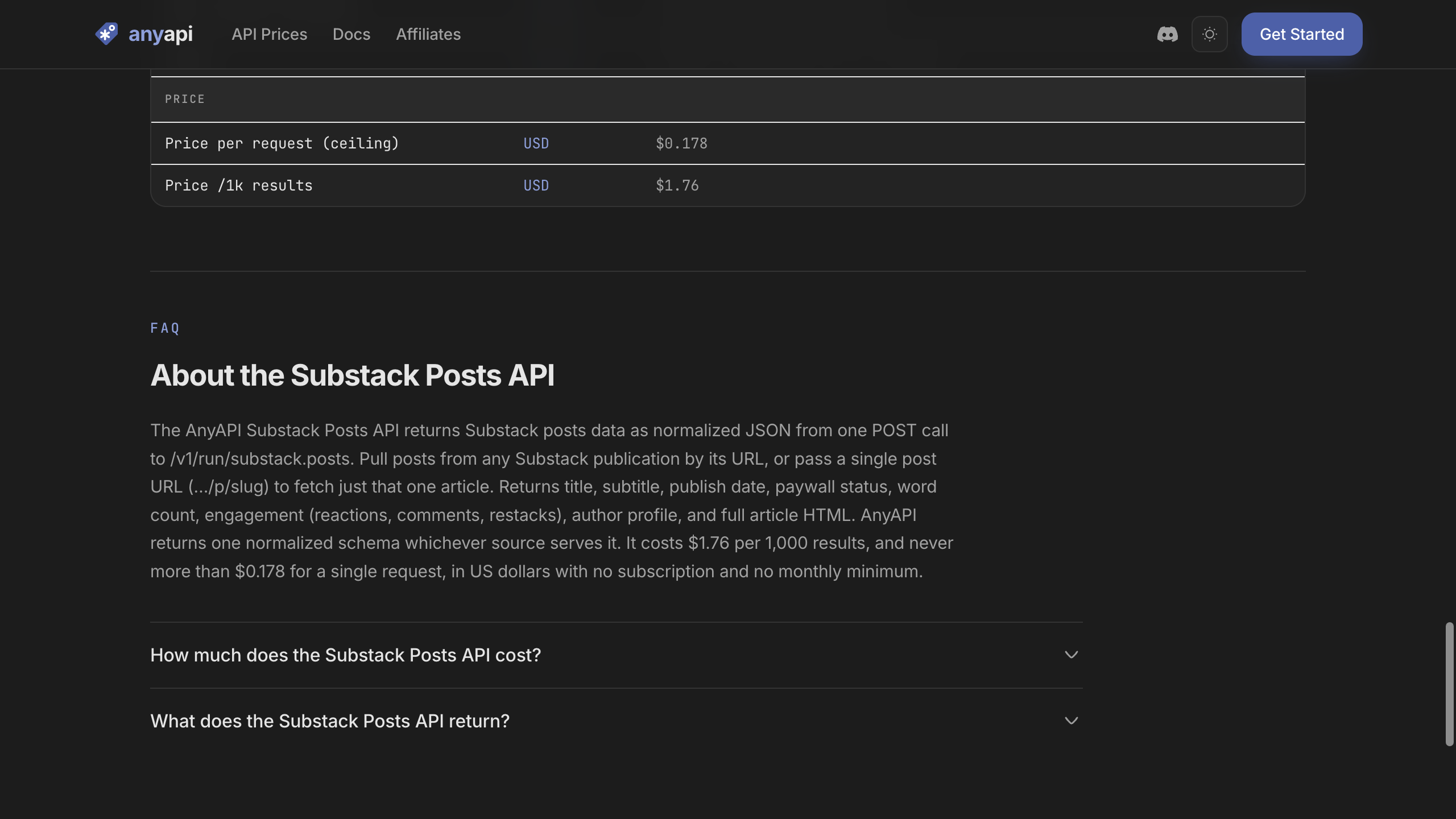 AnyAPI's Substack Posts FAQ states the normalized POST route and its USD pricing