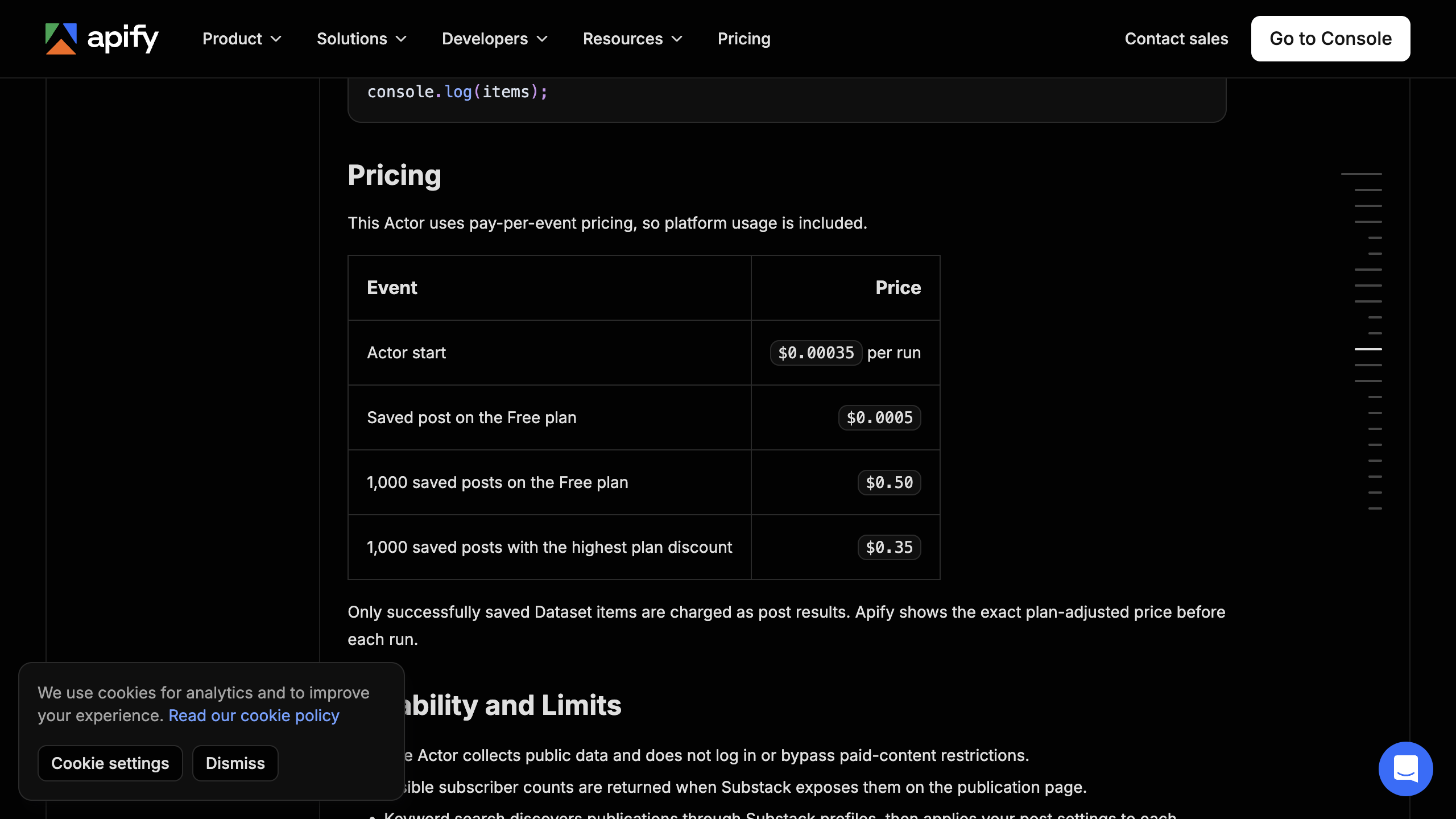 The Apify actor README pricing table lists the run-start charge and the per-saved-post charge on the Free plan
