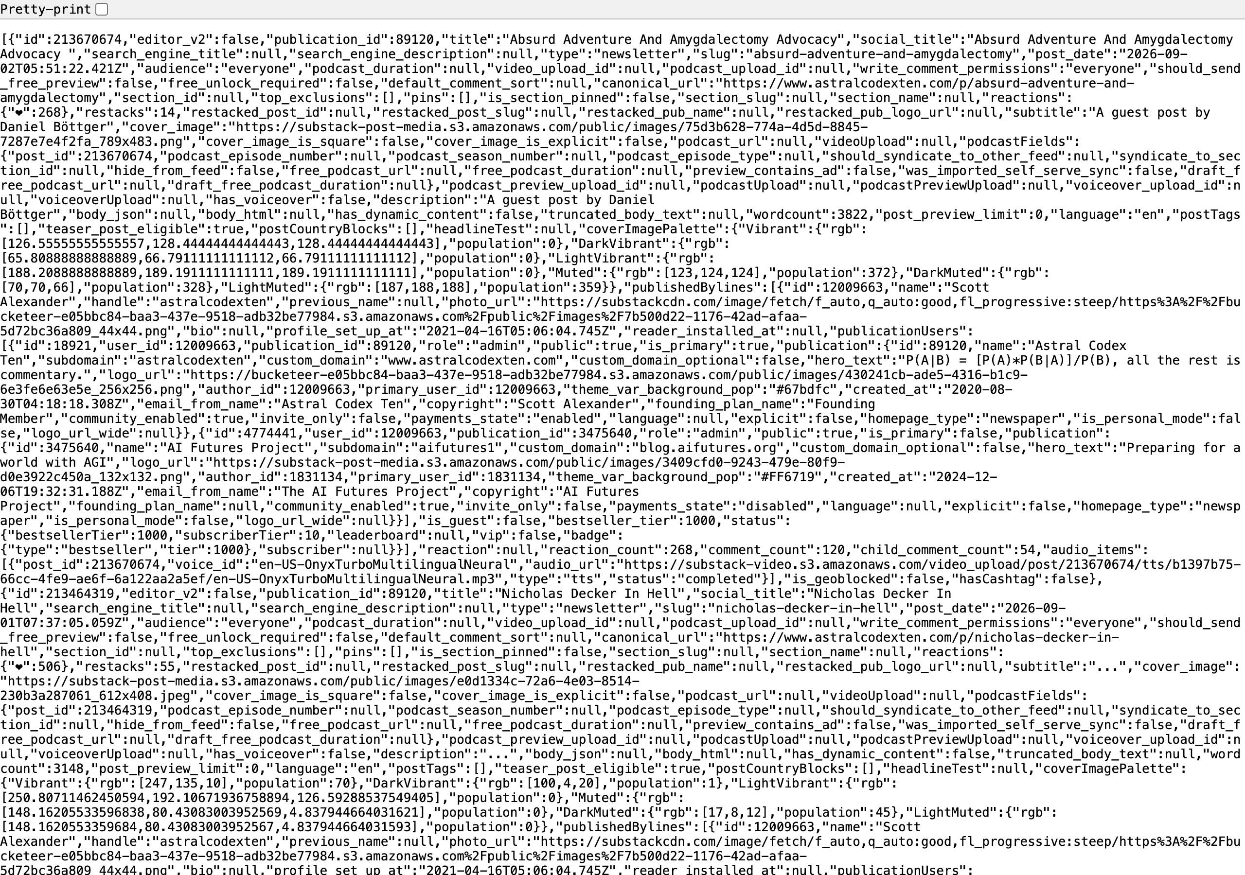 The public archive endpoint returns JSON post records with paywall and engagement fields