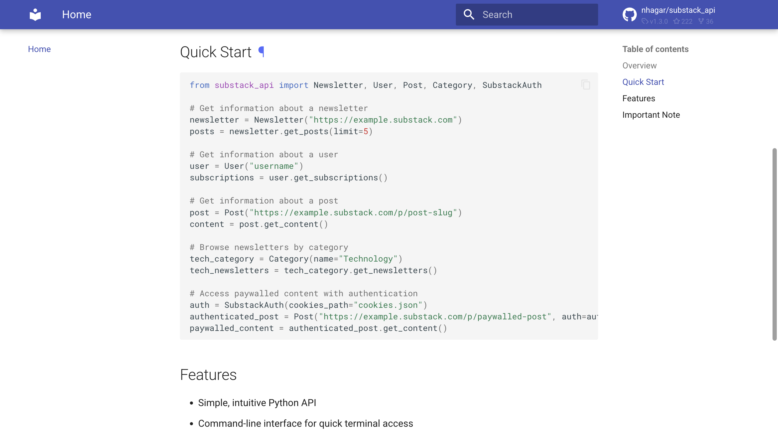 The substack-api documentation Quick Start shows newsletter.get_posts and user-provided cookie authentication