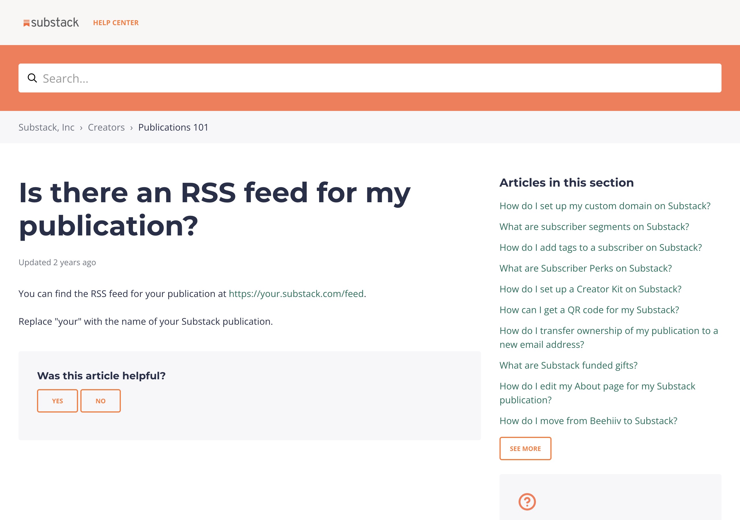 Substack's help page documents the /feed path for a publication RSS feed
