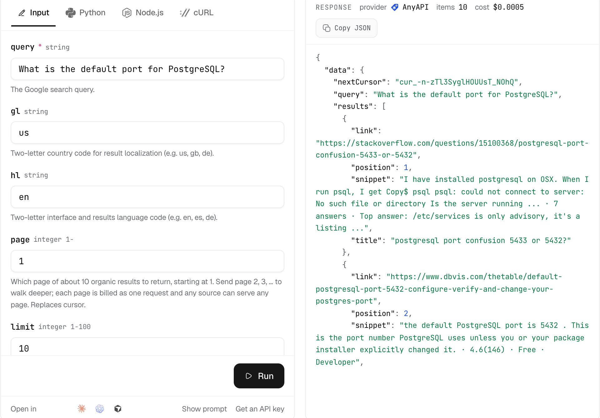 The AnyAPI playground after a Google Search call for the query What is the default port for PostgreSQL?, with gl us and hl en. The response header shows provider AnyAPI, 10 items, cost $0.0005, and the JSON shows the first two results, a Stack Overflow question titled postgresql port confusion 5433 or 5432? and a DbVisualizer page whose snippet says the default PostgreSQL port is 5432