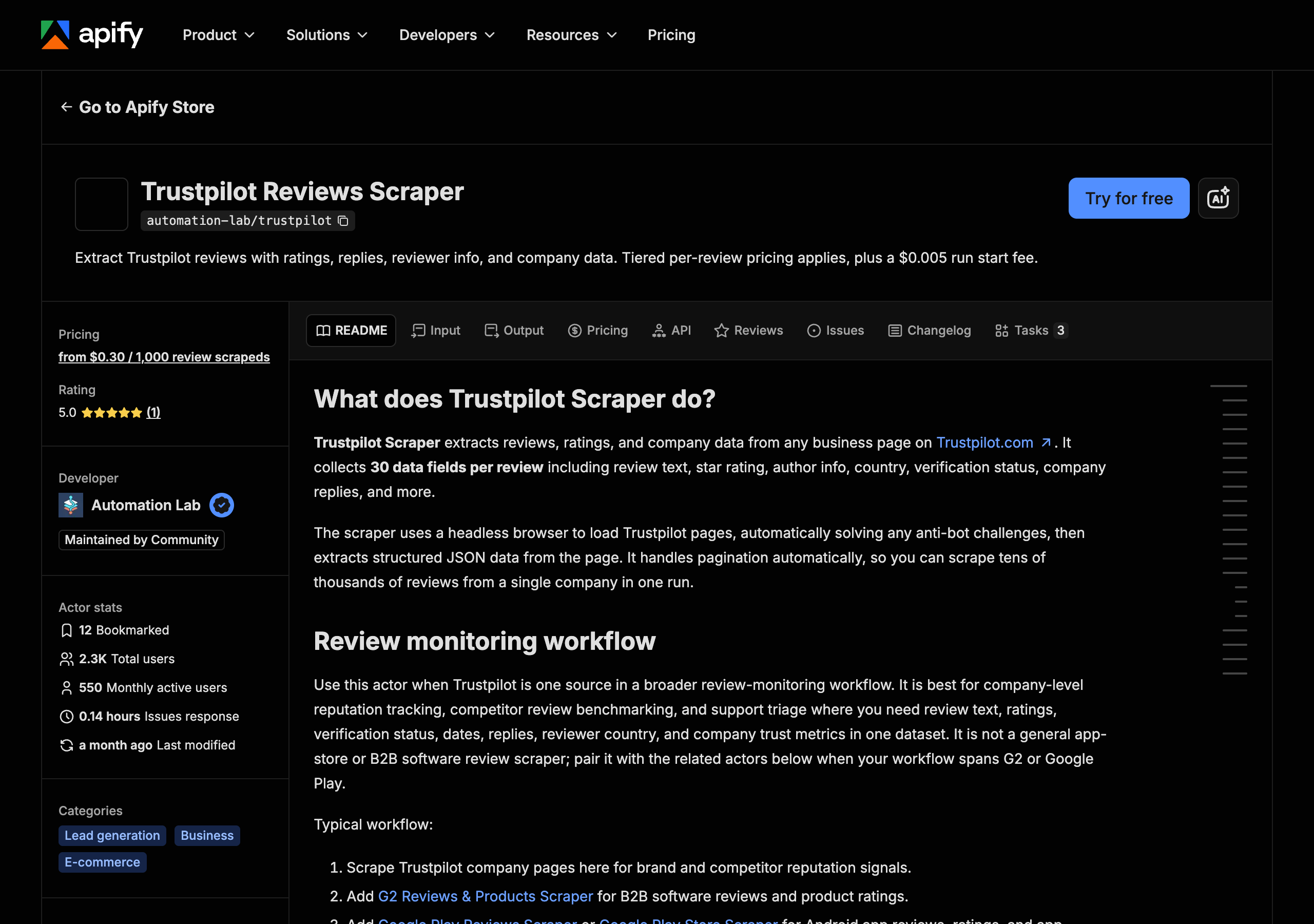 The Apify Store page for automation-lab's Trustpilot Reviews Scraper: pricing from $0.30 per 1,000 reviews, a $0.005 run start fee, 2.3K total users, and a README saying it can scrape tens of thousands of reviews from one company in a run