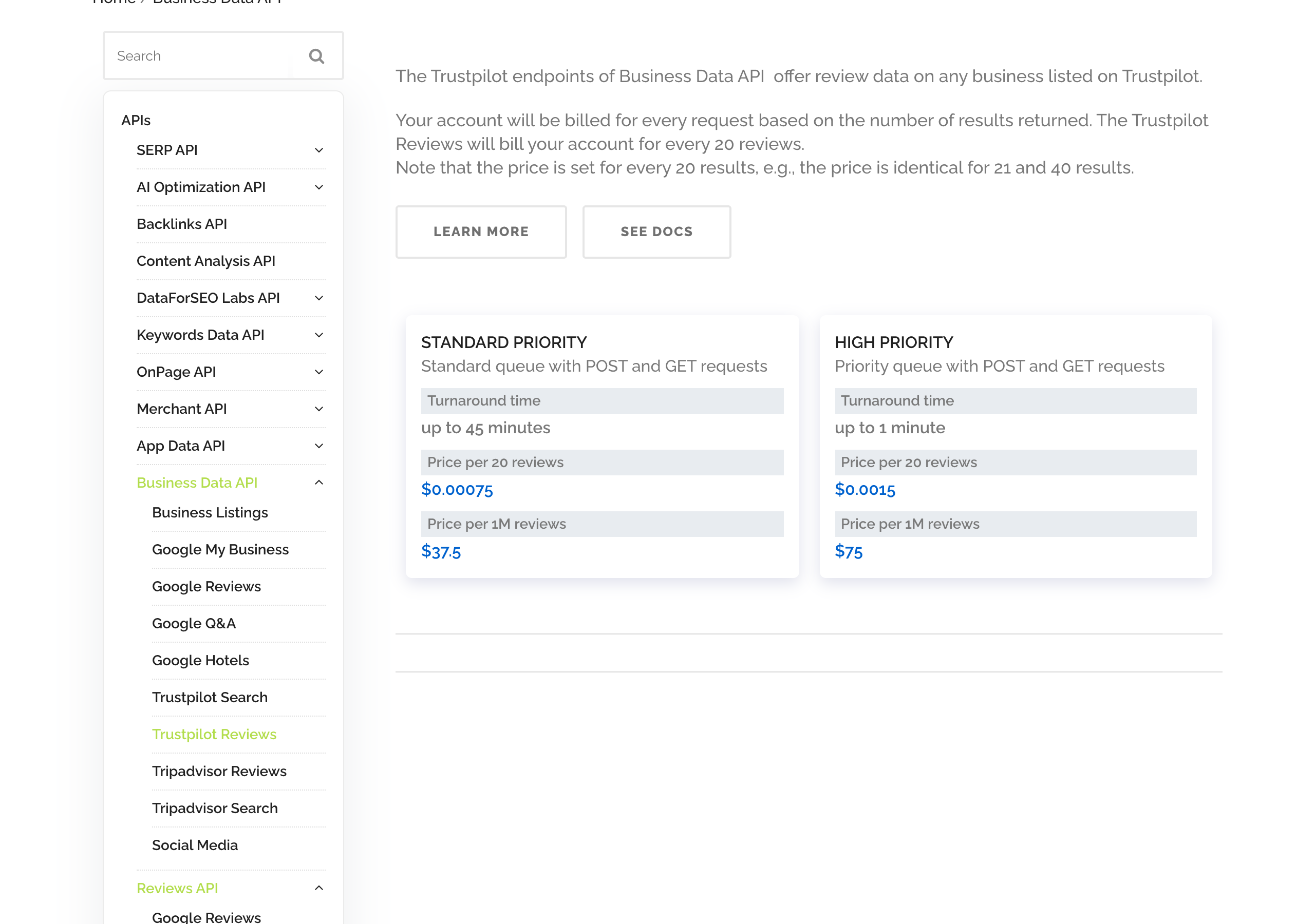 DataForSEO's Trustpilot Reviews pricing: standard queue up to 45 minutes at $0.00075 per 20 reviews or $37.5 per million, high priority up to 1 minute at $0.0015 per 20 reviews or $75 per million