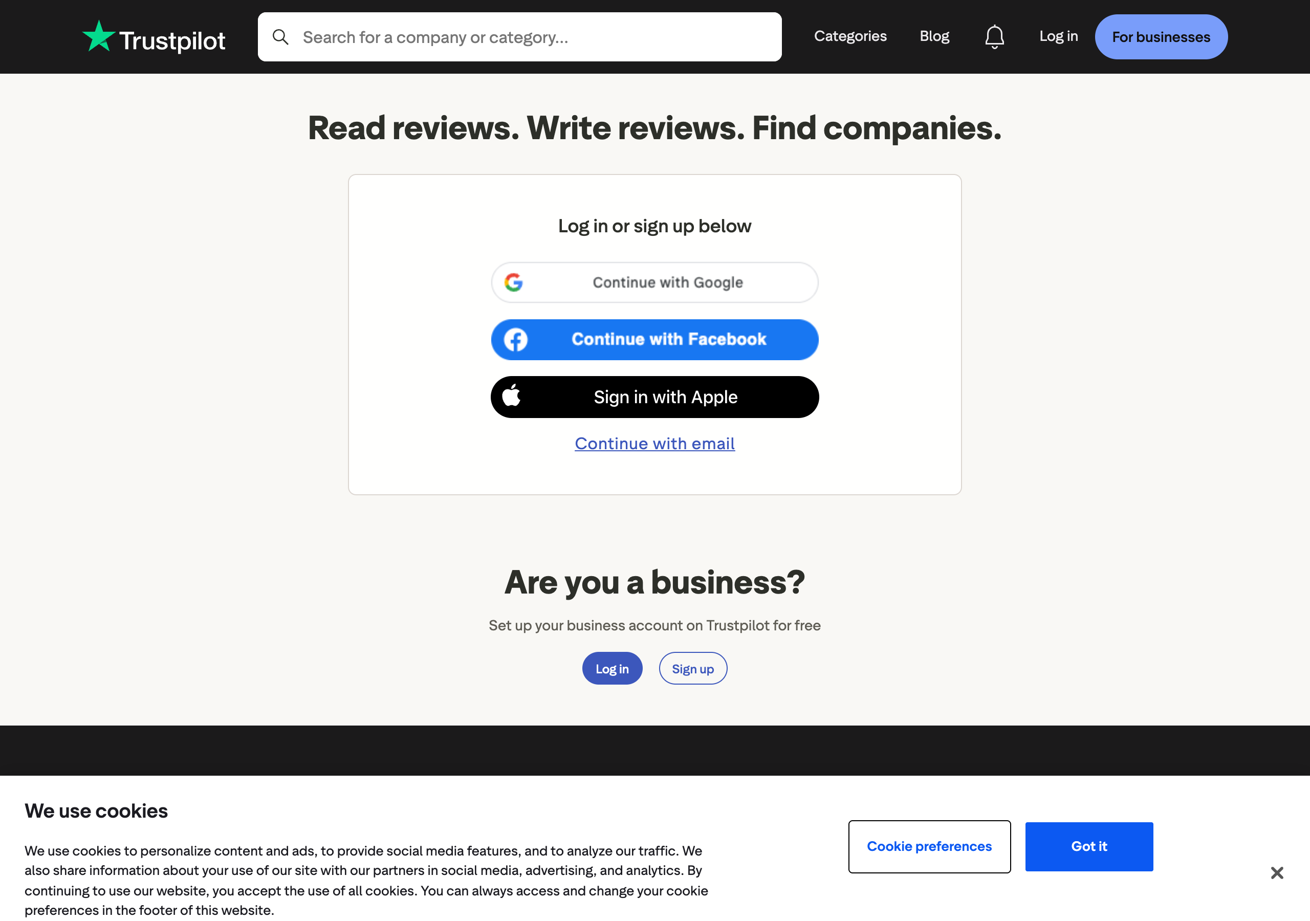 Trustpilot's log in or sign up page, which a signed-out browser reaches when it asks for page 11 of a company's reviews