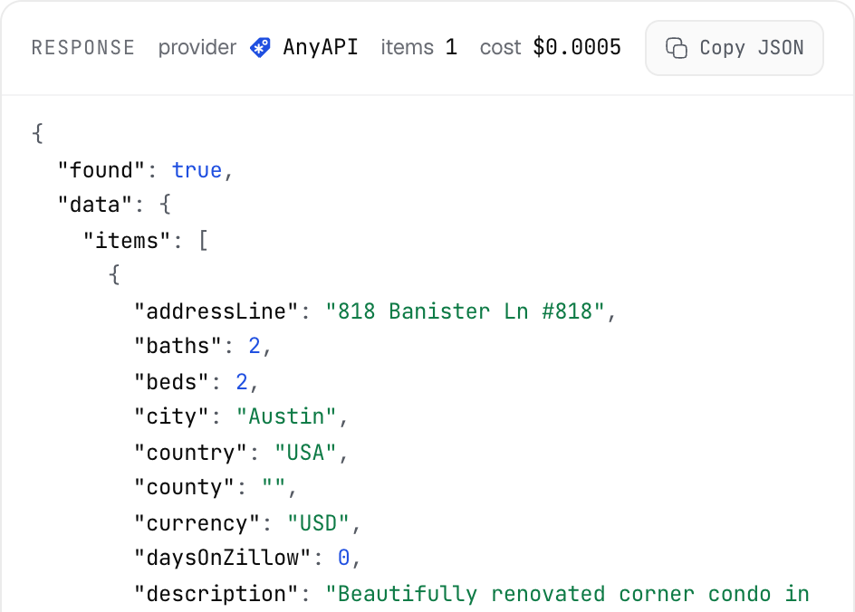 The response panel of the AnyAPI playground after a Zillow property lookup for 818 Banister Ln #818 in Austin: provider AnyAPI, 1 item, cost $0.0005, and a JSON body showing baths 2, beds 2, city Austin, currency USD, and daysOnZillow 0
