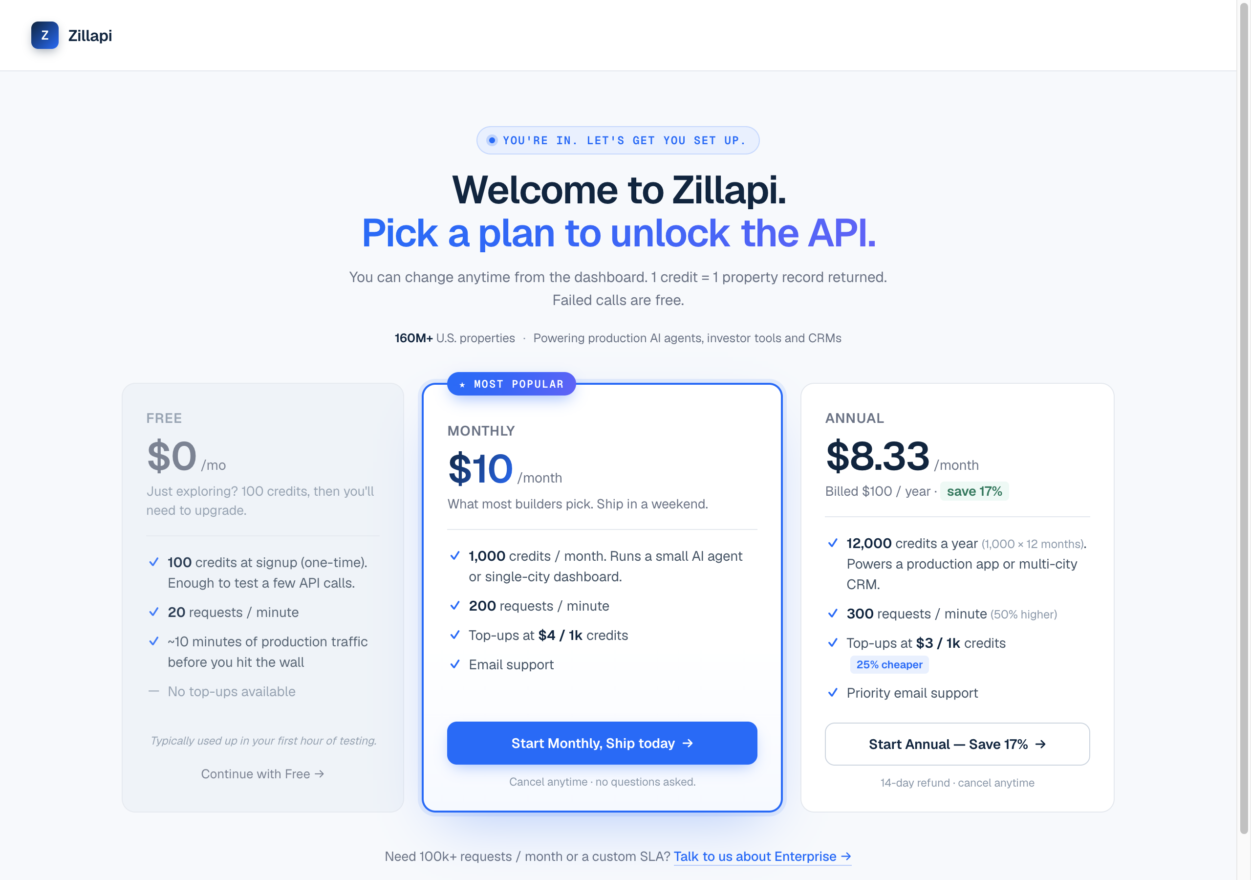 Zillapi's plan picker shown after signup, titled Pick a plan to unlock the API: Free $0 with 100 credits one-time; Monthly $10 a month for 1,000 credits a month with top-ups at $4 per 1,000; Annual $8.33 a month billed $100 a year for 12,000 credits a year with top-ups at $3 per 1,000