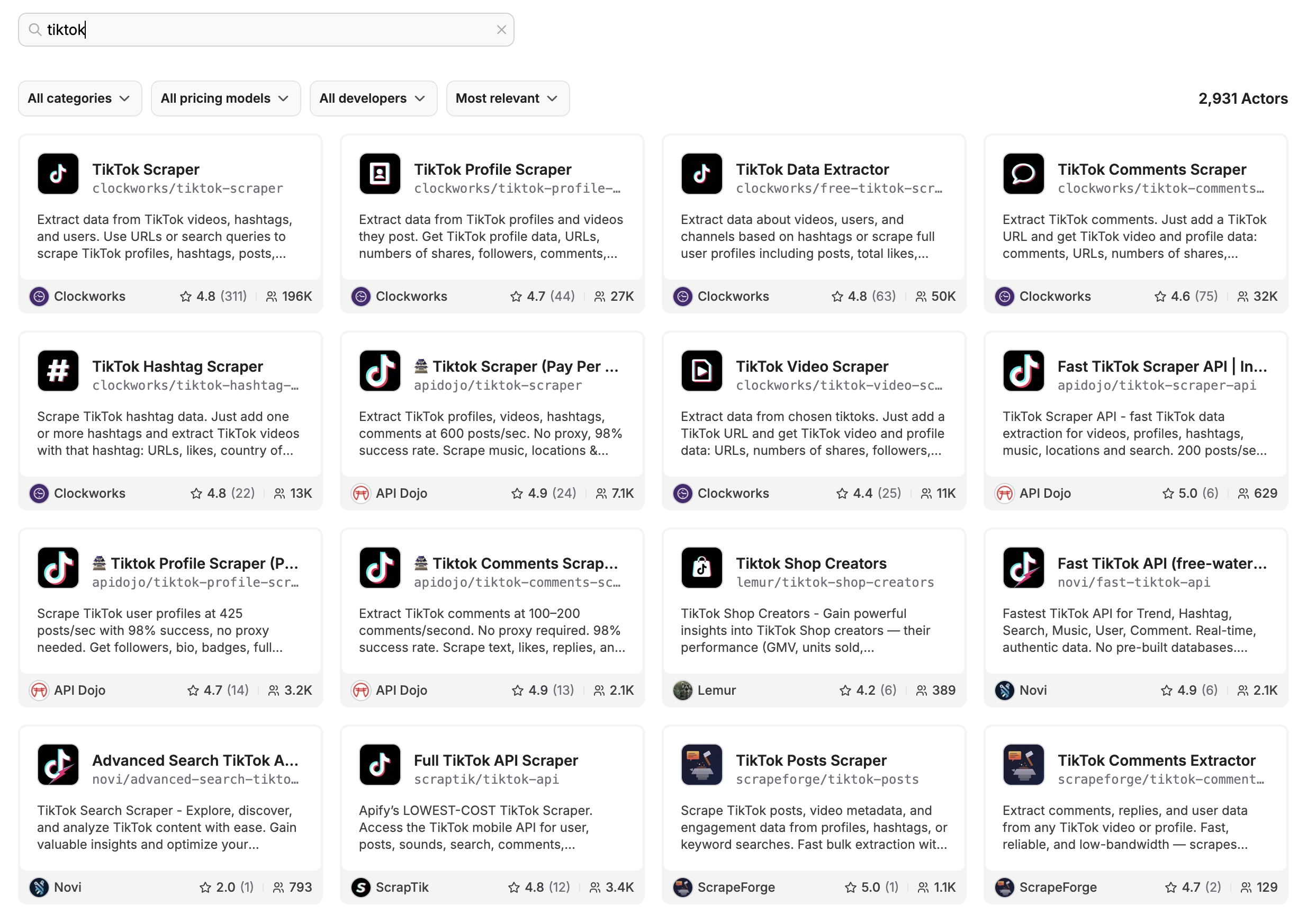 Marketplace search results for tiktok: a grid of 16 near-identical TikTok scrapers from different authors